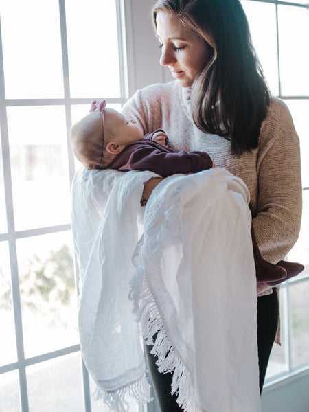 Modern Burlap Organic Cotton Muslin White Fringe Swaddle