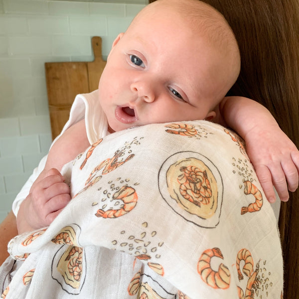 Little Hometown Muslin Swaddle Blanket: Shrimp & Grits