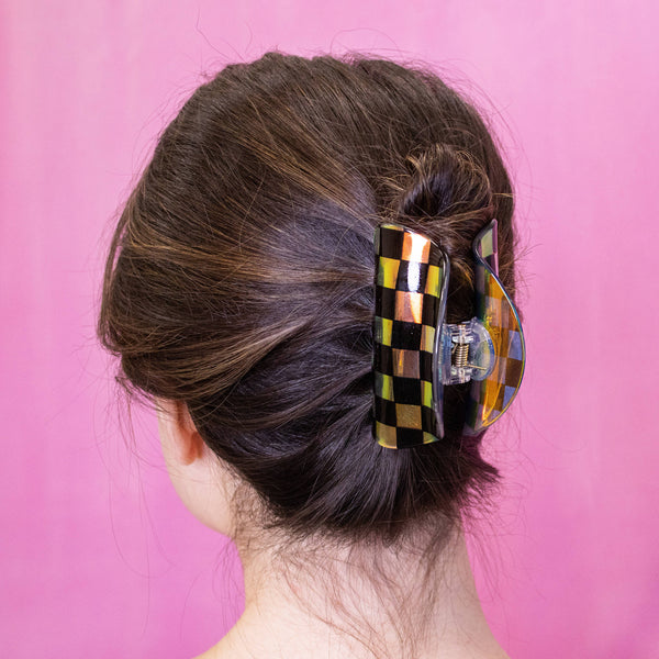 Iridescent Checkered Black Claw Hair Clip